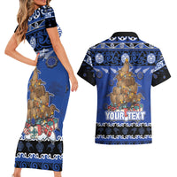 Personalised New Zealand July Christmas Couples Matching Short Sleeve Bodycon Dress and Hawaiian Shirt Maori Kiwi Xmas Tree - Blue LT05 - Polynesian Pride