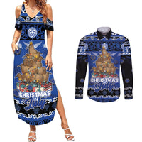 Personalised New Zealand July Christmas Couples Matching Summer Maxi Dress and Long Sleeve Button Shirt Maori Kiwi Xmas Tree - Blue LT05 Blue - Polynesian Pride