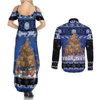 Personalised New Zealand July Christmas Couples Matching Summer Maxi Dress and Long Sleeve Button Shirt Maori Kiwi Xmas Tree - Blue LT05 - Polynesian Pride