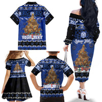Personalised New Zealand July Christmas Family Matching Off The Shoulder Long Sleeve Dress and Hawaiian Shirt Maori Kiwi Xmas Tree - Blue LT05 - Polynesian Pride
