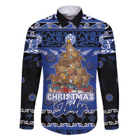 Personalised New Zealand July Christmas Family Matching Tank Maxi Dress and Hawaiian Shirt Maori Kiwi Xmas Tree - Blue LT05 Dad's Shirt - Long Sleeve Blue - Polynesian Pride