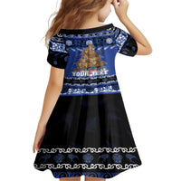 Personalised New Zealand July Christmas Kid Short Sleeve Dress Maori Kiwi Xmas Tree - Blue