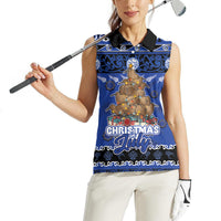Personalised New Zealand July Christmas Women Sleeveless Polo Shirt Maori Kiwi Xmas Tree - Blue LT05 - Polynesian Pride