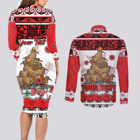 Personalised New Zealand July Christmas Couples Matching Long Sleeve Bodycon Dress and Long Sleeve Button Shirt Maori Kiwi Xmas Tree - White LT05 - Polynesian Pride
