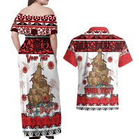 Personalised New Zealand July Christmas Couples Matching Off Shoulder Maxi Dress and Hawaiian Shirt Maori Kiwi Xmas Tree - White LT05 - Polynesian Pride