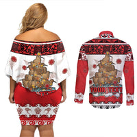 Personalised New Zealand July Christmas Couples Matching Off Shoulder Short Dress and Long Sleeve Button Shirt Maori Kiwi Xmas Tree - White LT05 - Polynesian Pride