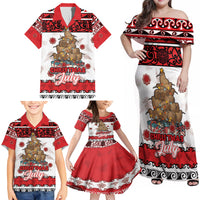 Personalised New Zealand July Christmas Family Matching Off Shoulder Maxi Dress and Hawaiian Shirt Maori Kiwi Xmas Tree - White LT05 - Polynesian Pride