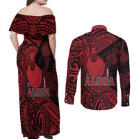 Hawaii King Kamehameha Couples Matching Off Shoulder Maxi Dress and Long Sleeve Button Shirt With Hawaiian Ipu Motifs Red Version