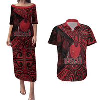 Hawaii King Kamehameha Couples Matching Puletasi and Hawaiian Shirt With Hawaiian Ipu Motifs Red Version