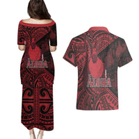 Hawaii King Kamehameha Couples Matching Puletasi and Hawaiian Shirt With Hawaiian Ipu Motifs Red Version