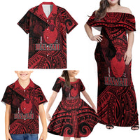 Hawaii King Kamehameha Family Matching Off Shoulder Maxi Dress and Hawaiian Shirt With Hawaiian Ipu Motifs Red Version LT05 - Polynesian Pride