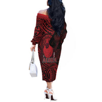 Hawaii King Kamehameha Off The Shoulder Long Sleeve Dress With Hawaiian Ipu Motifs Red Version
