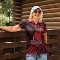 Hawaii King Kamehameha Women Polo Shirt With Hawaiian Ipu Motifs Red Version