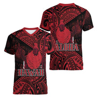 Hawaii King Kamehameha Women V-Neck T-Shirt With Hawaiian Ipu Motifs Red Version