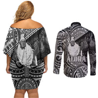Hawaii King Kamehameha Couples Matching Off Shoulder Short Dress and Long Sleeve Button Shirt With Hawaiian Ipu Motifs Black Version