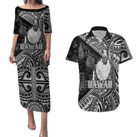 Hawaii King Kamehameha Couples Matching Puletasi and Hawaiian Shirt With Hawaiian Ipu Motifs Black Version