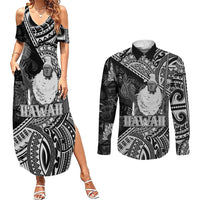 Hawaii King Kamehameha Couples Matching Summer Maxi Dress and Long Sleeve Button Shirt With Hawaiian Ipu Motifs Black Version