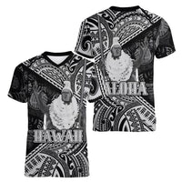 Hawaii King Kamehameha Women V-Neck T-Shirt With Hawaiian Ipu Motifs Black Version