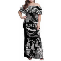 Hawaii Beautiful Hula Dancers Family Matching Off Shoulder Maxi Dress and Hawaiian Shirt With Ipu Keke And Pahu Drum LT05 Mom's Dress Black - Polynesian Pride