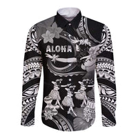 Hawaii Beautiful Hula Dancers Long Sleeve Button Shirt With Ipu Keke And Pahu Drum LT05 Unisex Black - Polynesian Pride