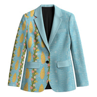 Hawaii Shell Tiare Anthurium Heliconia Lei Blazer With Tapa Pattern Baby Blue