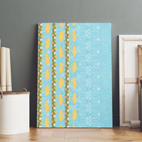 Hawaii Shell Tiare Anthurium Heliconia Lei Canvas Wall Art With Tapa Pattern Baby Blue