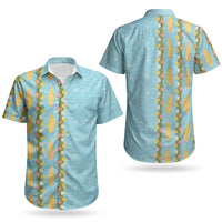 Hawaii Shell Tiare Anthurium Heliconia Lei Couples Matching Long Sleeve Bodycon Dress and Hawaiian Shirt With Tapa Pattern Baby Blue LT05 - Polynesian Pride