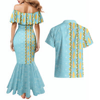 Hawaii Shell Tiare Anthurium Heliconia Lei Couples Matching Mermaid Dress and Hawaiian Shirt With Tapa Pattern Baby Blue