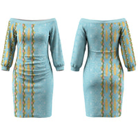 Hawaii Shell Tiare Anthurium Heliconia Lei Couples Matching Off The Shoulder Long Sleeve Dress and Hawaiian Shirt With Tapa Pattern Baby Blue LT05 - Polynesian Pride