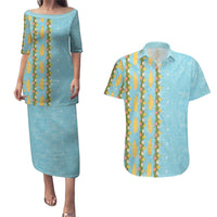 Hawaii Shell Tiare Anthurium Heliconia Lei Couples Matching Puletasi and Hawaiian Shirt With Tapa Pattern Baby Blue