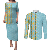 Hawaii Shell Tiare Anthurium Heliconia Lei Couples Matching Puletasi and Long Sleeve Button Shirt With Tapa Pattern Baby Blue LT05 Blue - Polynesian Pride