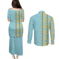 Hawaii Shell Tiare Anthurium Heliconia Lei Couples Matching Puletasi and Long Sleeve Button Shirt With Tapa Pattern Baby Blue LT05 - Polynesian Pride
