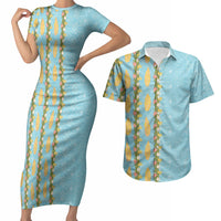 Hawaii Shell Tiare Anthurium Heliconia Lei Couples Matching Short Sleeve Bodycon Dress and Hawaiian Shirt With Tapa Pattern Baby Blue LT05 Blue - Polynesian Pride