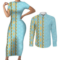 Hawaii Shell Tiare Anthurium Heliconia Lei Couples Matching Short Sleeve Bodycon Dress and Long Sleeve Button Shirt With Tapa Pattern Baby Blue LT05 Blue - Polynesian Pride