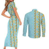 Hawaii Shell Tiare Anthurium Heliconia Lei Couples Matching Short Sleeve Bodycon Dress and Long Sleeve Button Shirt With Tapa Pattern Baby Blue LT05 - Polynesian Pride