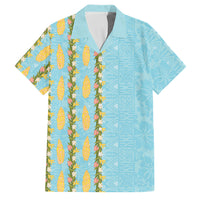 Hawaii Shell Tiare Anthurium Heliconia Lei Family Matching Off Shoulder Maxi Dress and Hawaiian Shirt With Tapa Pattern Baby Blue LT05 Dad's Shirt - Short Sleeve Blue - Polynesian Pride