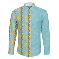Hawaii Shell Tiare Anthurium Heliconia Lei Family Matching Off Shoulder Maxi Dress and Hawaiian Shirt With Tapa Pattern Baby Blue LT05 Daughter's Dress Blue - Polynesian Pride