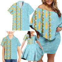 Hawaii Shell Tiare Anthurium Heliconia Lei Family Matching Off Shoulder Short Dress and Hawaiian Shirt With Tapa Pattern Baby Blue LT05 - Polynesian Pride