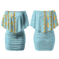Hawaii Shell Tiare Anthurium Heliconia Lei Family Matching Off Shoulder Short Dress and Hawaiian Shirt With Tapa Pattern Baby Blue LT05 Mom's Dress Blue - Polynesian Pride