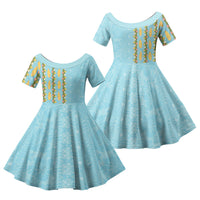 Hawaii Shell Tiare Anthurium Heliconia Lei Family Matching Off Shoulder Short Dress and Hawaiian Shirt With Tapa Pattern Baby Blue LT05 Daughter's Dress Blue - Polynesian Pride