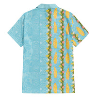 Hawaii Shell Tiare Anthurium Heliconia Lei Family Matching Summer Maxi Dress and Hawaiian Shirt With Tapa Pattern Baby Blue LT05 Dad's Shirt - Long Sleeve Blue - Polynesian Pride