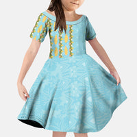 Hawaii Shell Tiare Anthurium Heliconia Lei Kid Short Sleeve Dress With Tapa Pattern Baby Blue LT05 KID Blue - Polynesian Pride