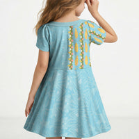 Hawaii Shell Tiare Anthurium Heliconia Lei Kid Short Sleeve Dress With Tapa Pattern Baby Blue LT05 - Polynesian Pride