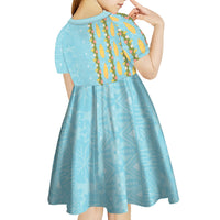 Hawaii Shell Tiare Anthurium Heliconia Lei Kid Short Sleeve Dress With Tapa Pattern Baby Blue LT05 - Polynesian Pride