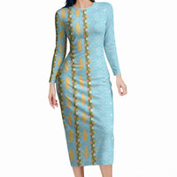 Hawaii Shell Tiare Anthurium Heliconia Lei Long Sleeve Bodycon Dress With Tapa Pattern Baby Blue LT05 Long Dress Blue - Polynesian Pride