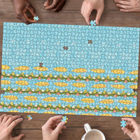 Hawaii Shell Tiare Anthurium Heliconia Lei Puzzle With Tapa Pattern Baby Blue