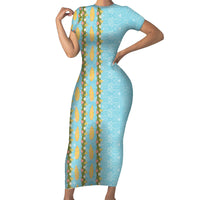 Hawaii Shell Tiare Anthurium Heliconia Lei Short Sleeve Bodycon Dress With Tapa Pattern Baby Blue LT05 Long Dress Blue - Polynesian Pride