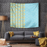 Hawaii Shell Tiare Anthurium Heliconia Lei Tapestry With Tapa Pattern Baby Blue