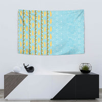 Hawaii Shell Tiare Anthurium Heliconia Lei Tapestry With Tapa Pattern Baby Blue