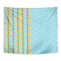 Hawaii Shell Tiare Anthurium Heliconia Lei Tapestry With Tapa Pattern Baby Blue